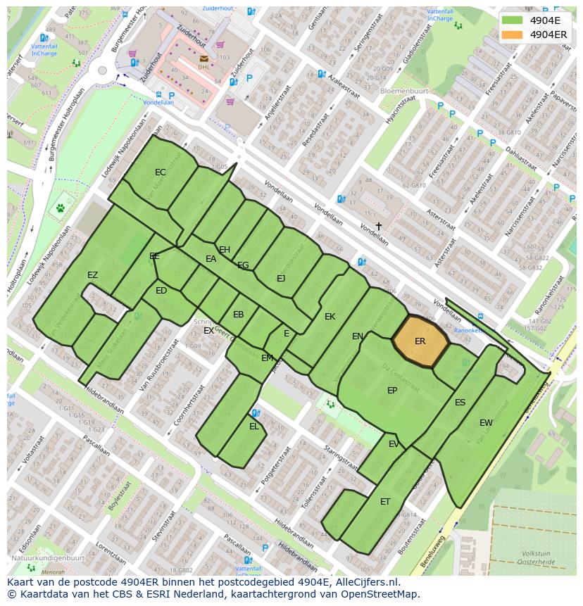 Afbeelding van het postcodegebied 4904 ER op de kaart.