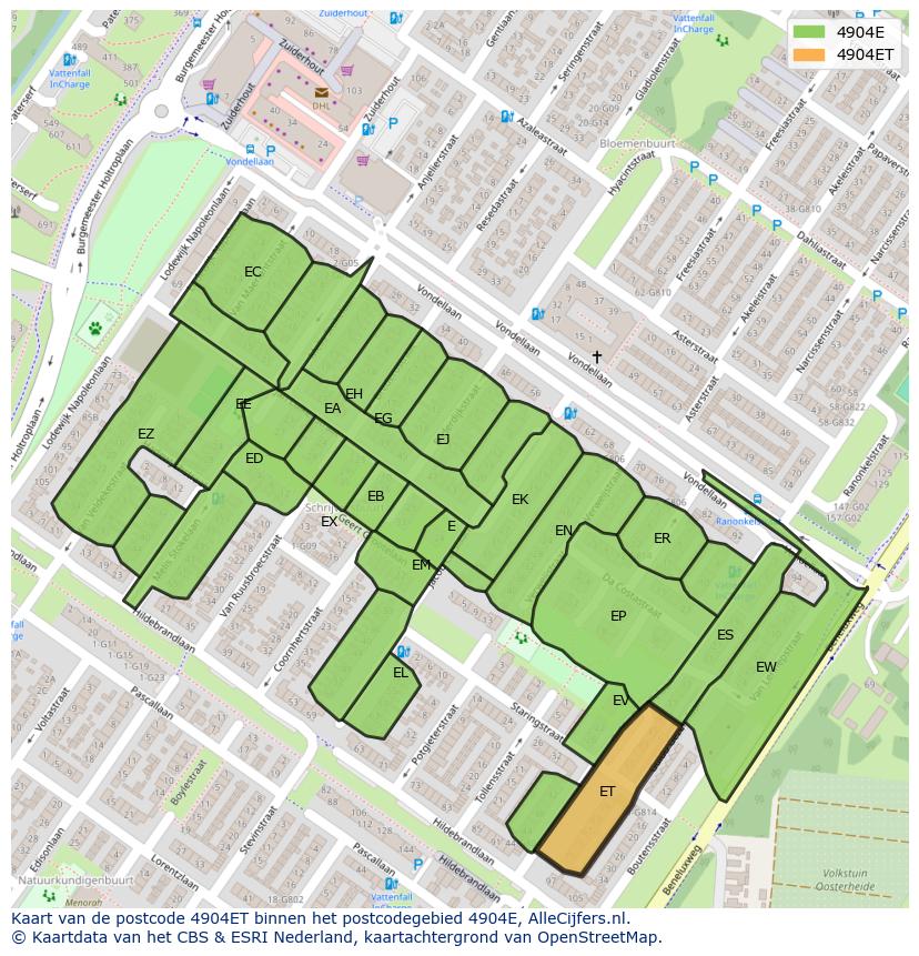 Afbeelding van het postcodegebied 4904 ET op de kaart.