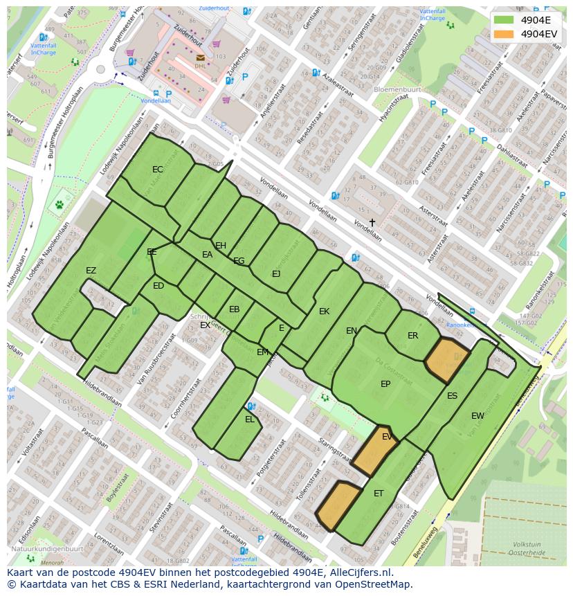 Afbeelding van het postcodegebied 4904 EV op de kaart.