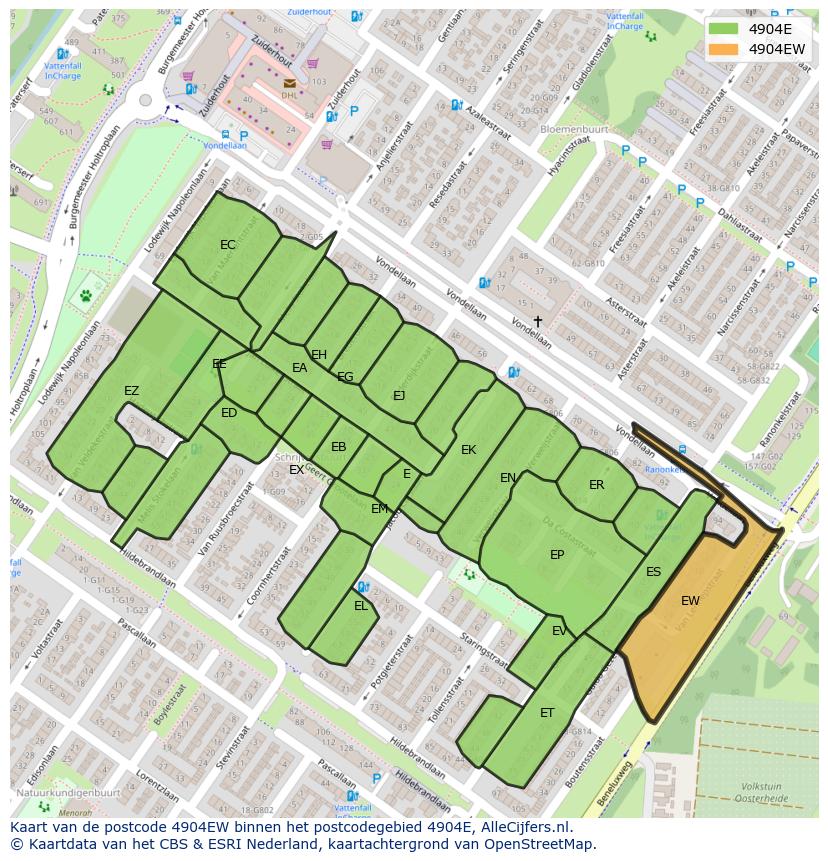 Afbeelding van het postcodegebied 4904 EW op de kaart.