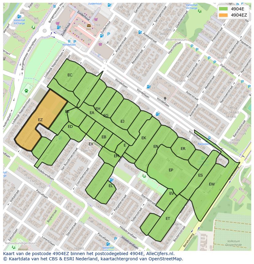 Afbeelding van het postcodegebied 4904 EZ op de kaart.