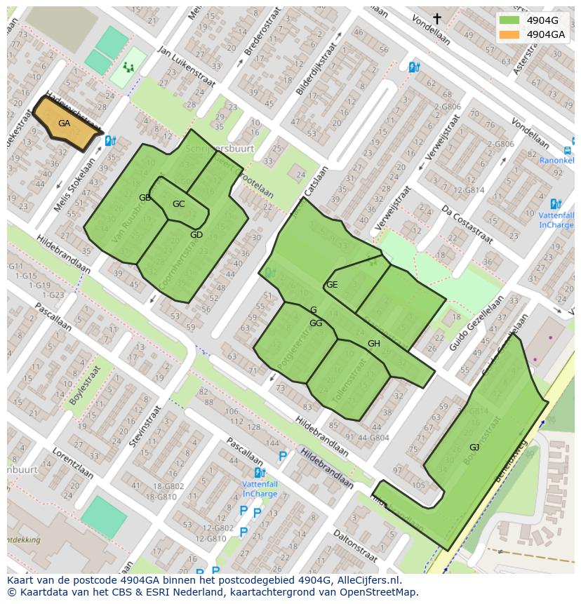 Afbeelding van het postcodegebied 4904 GA op de kaart.