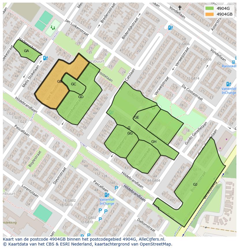 Afbeelding van het postcodegebied 4904 GB op de kaart.