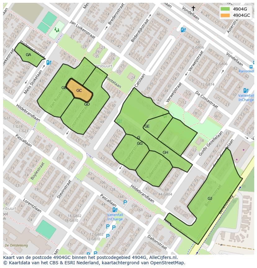 Afbeelding van het postcodegebied 4904 GC op de kaart.