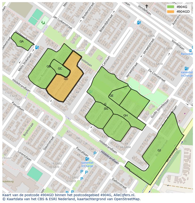 Afbeelding van het postcodegebied 4904 GD op de kaart.