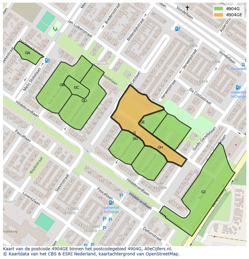 Afbeelding van het postcodegebied 4904 GE op de kaart.