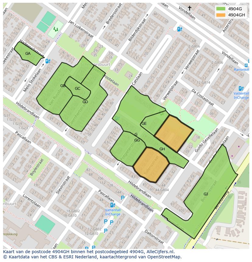 Afbeelding van het postcodegebied 4904 GH op de kaart.