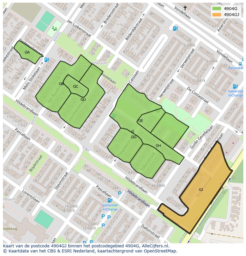 Afbeelding van het postcodegebied 4904 GJ op de kaart.