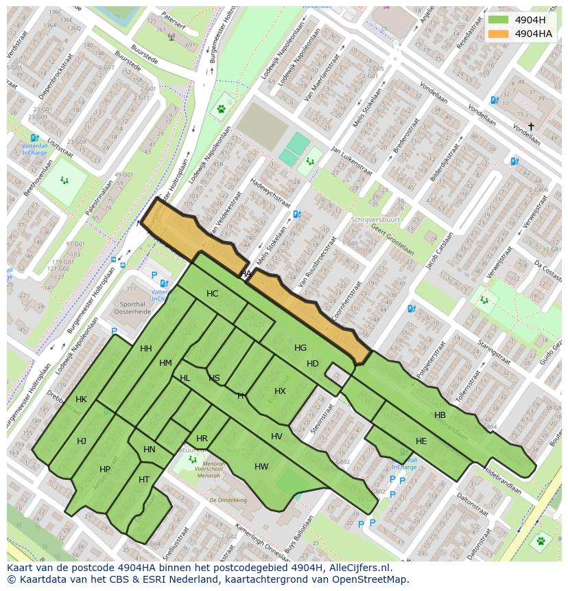 Afbeelding van het postcodegebied 4904 HA op de kaart.