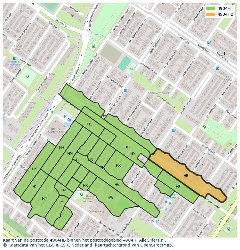 Afbeelding van het postcodegebied 4904 HB op de kaart.