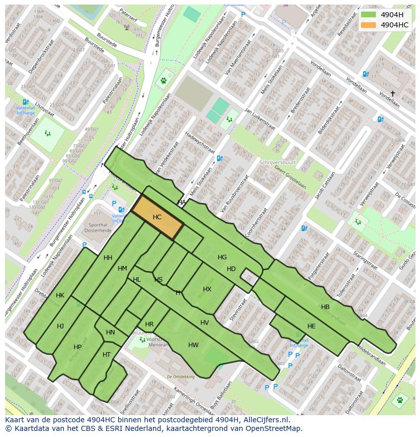 Afbeelding van het postcodegebied 4904 HC op de kaart.