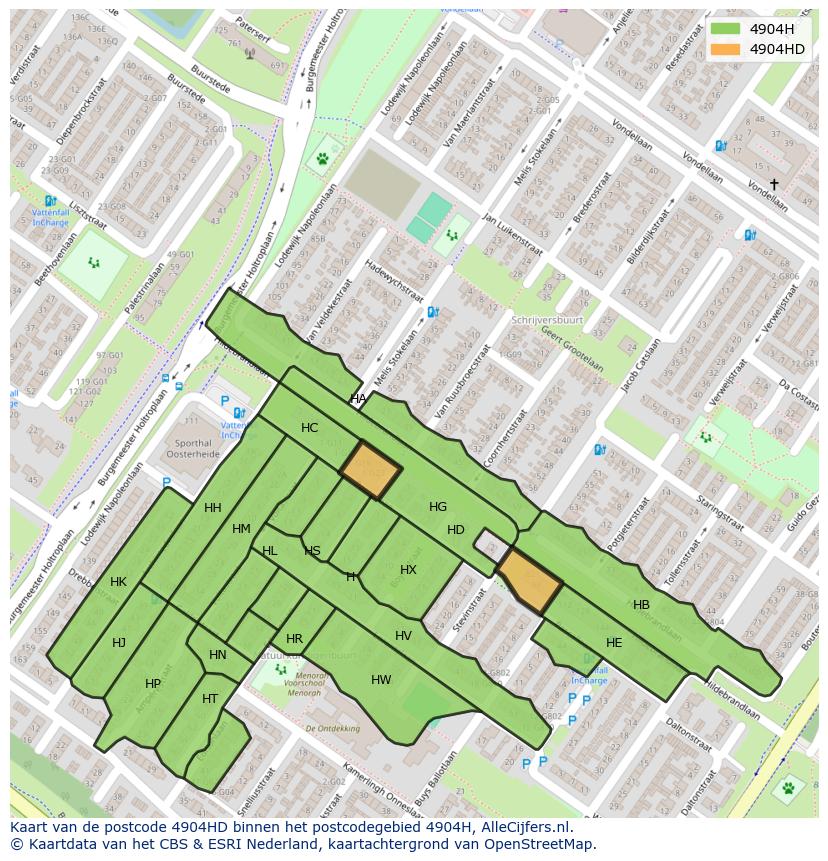Afbeelding van het postcodegebied 4904 HD op de kaart.