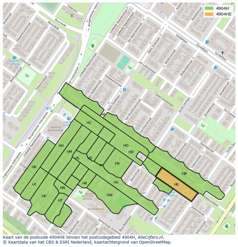 Afbeelding van het postcodegebied 4904 HE op de kaart.