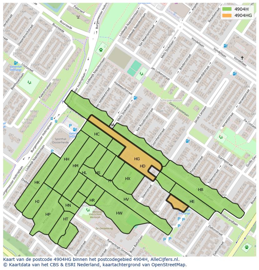 Afbeelding van het postcodegebied 4904 HG op de kaart.
