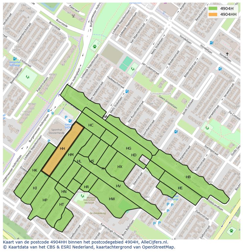 Afbeelding van het postcodegebied 4904 HH op de kaart.