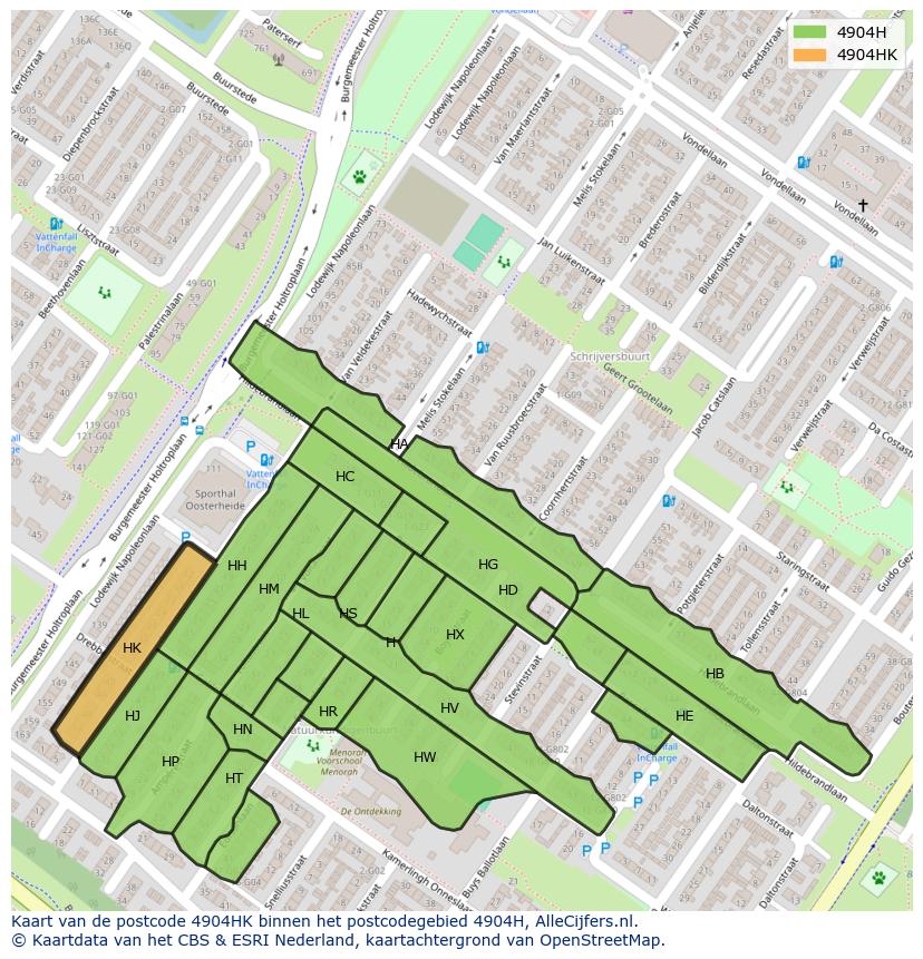 Afbeelding van het postcodegebied 4904 HK op de kaart.