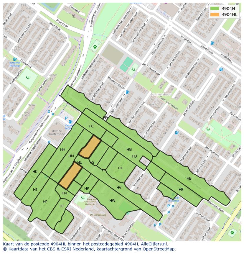 Afbeelding van het postcodegebied 4904 HL op de kaart.