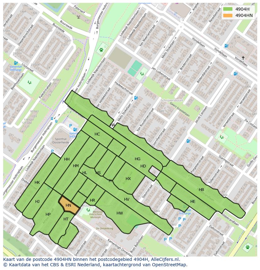 Afbeelding van het postcodegebied 4904 HN op de kaart.