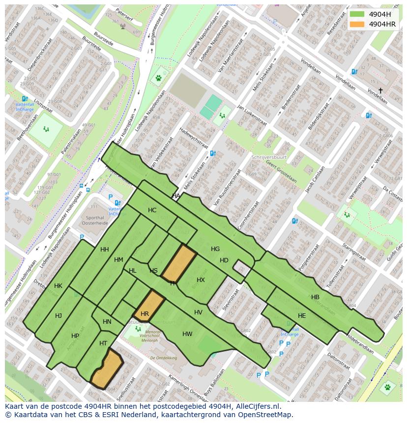 Afbeelding van het postcodegebied 4904 HR op de kaart.