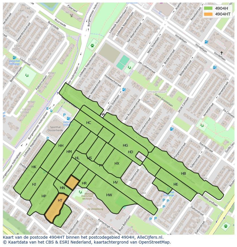 Afbeelding van het postcodegebied 4904 HT op de kaart.