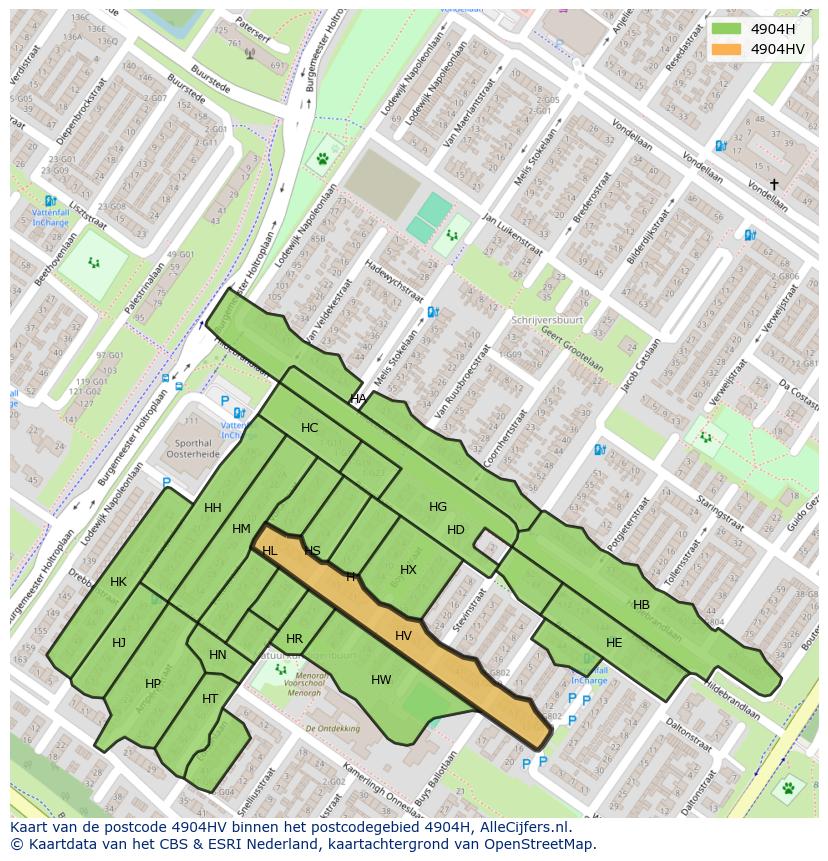 Afbeelding van het postcodegebied 4904 HV op de kaart.