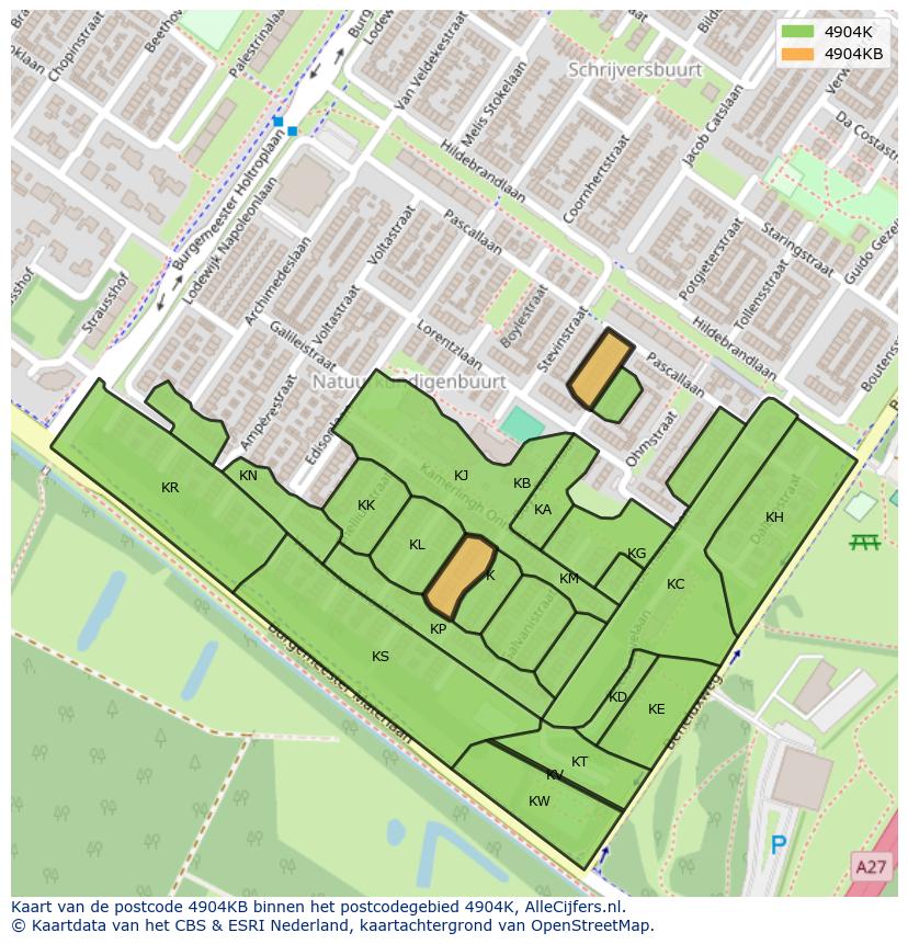 Afbeelding van het postcodegebied 4904 KB op de kaart.