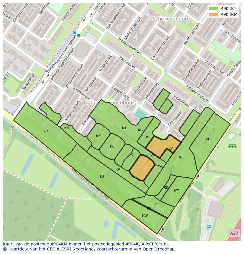 Afbeelding van het postcodegebied 4904 KM op de kaart.
