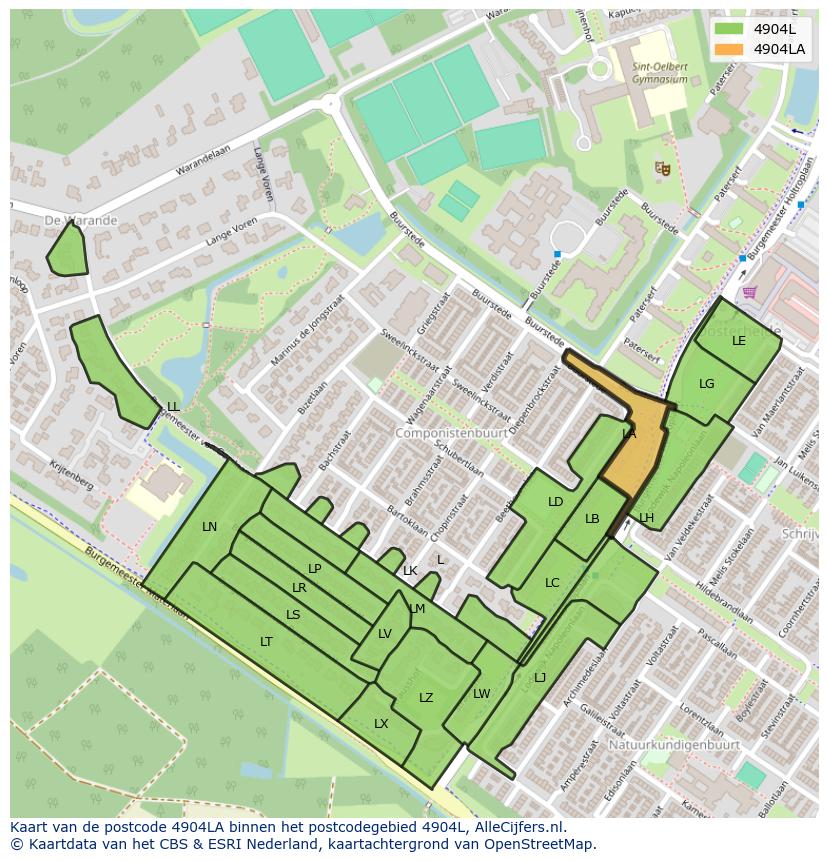 Afbeelding van het postcodegebied 4904 LA op de kaart.
