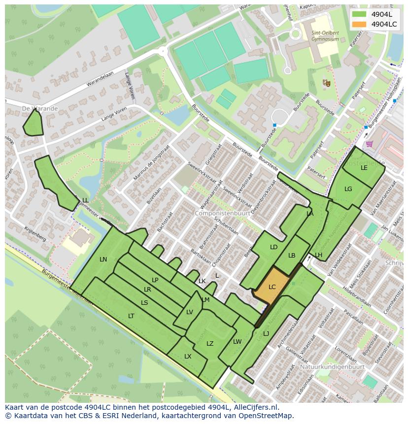Afbeelding van het postcodegebied 4904 LC op de kaart.