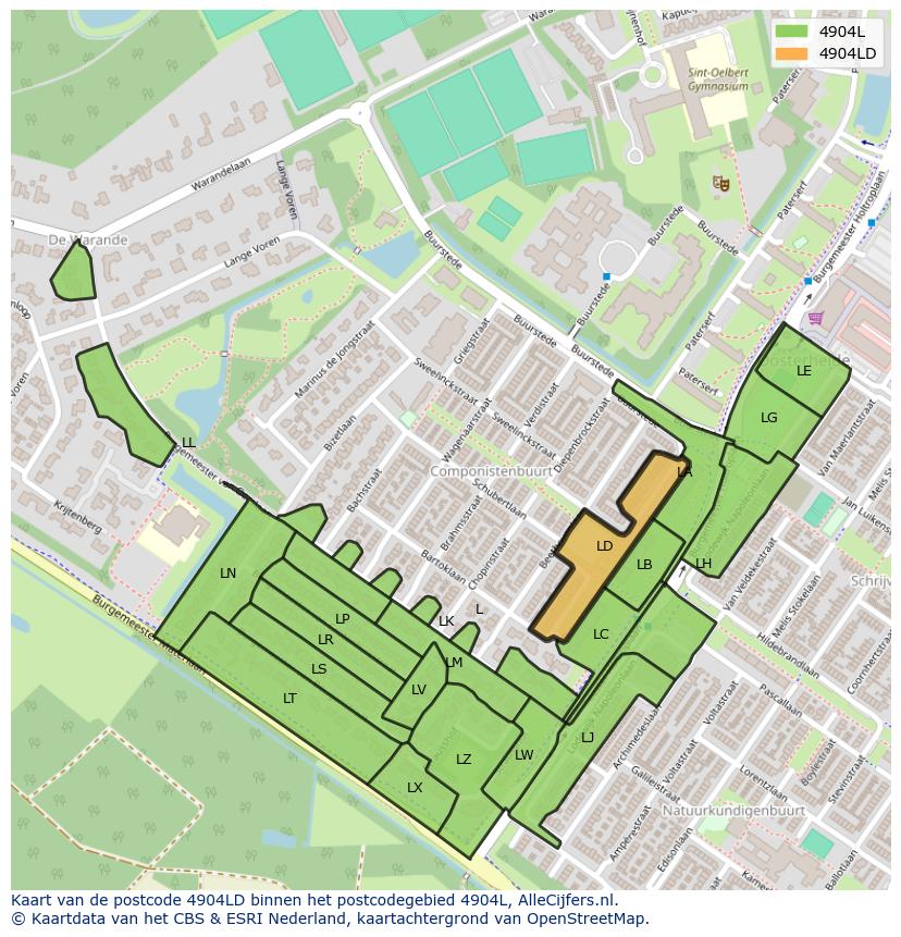 Afbeelding van het postcodegebied 4904 LD op de kaart.