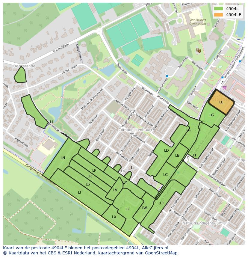 Afbeelding van het postcodegebied 4904 LE op de kaart.