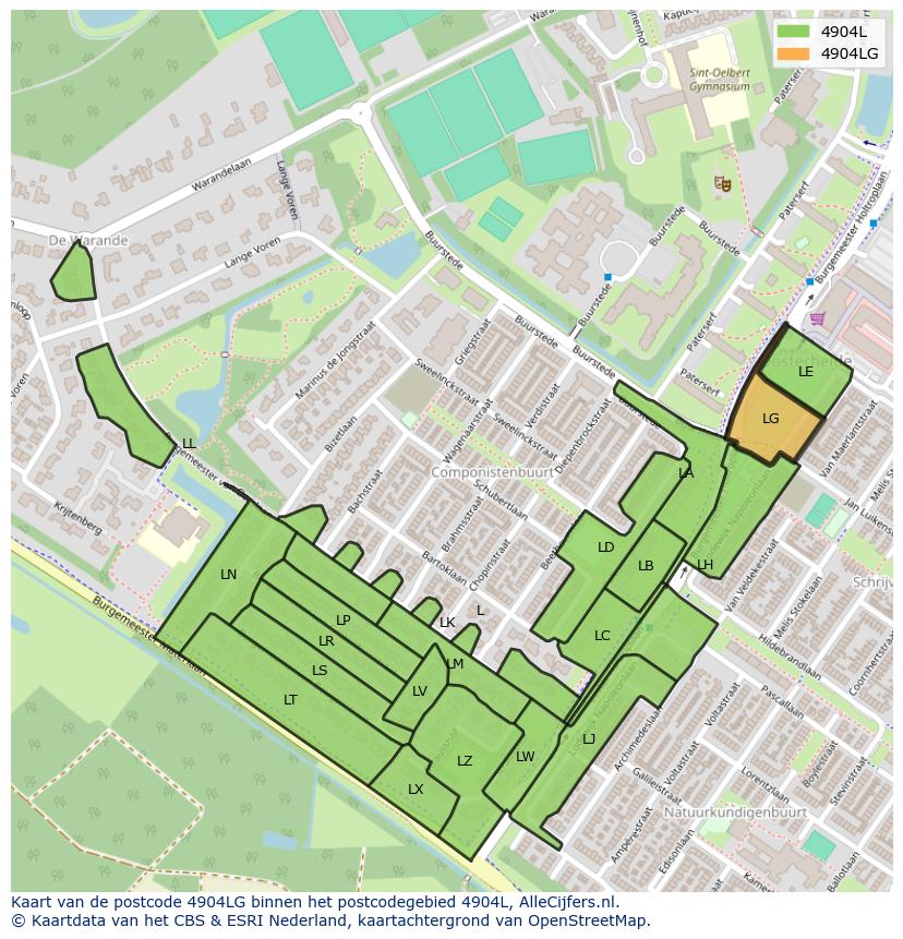 Afbeelding van het postcodegebied 4904 LG op de kaart.