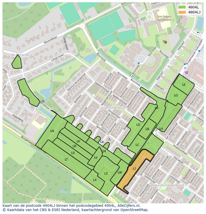 Afbeelding van het postcodegebied 4904 LJ op de kaart.