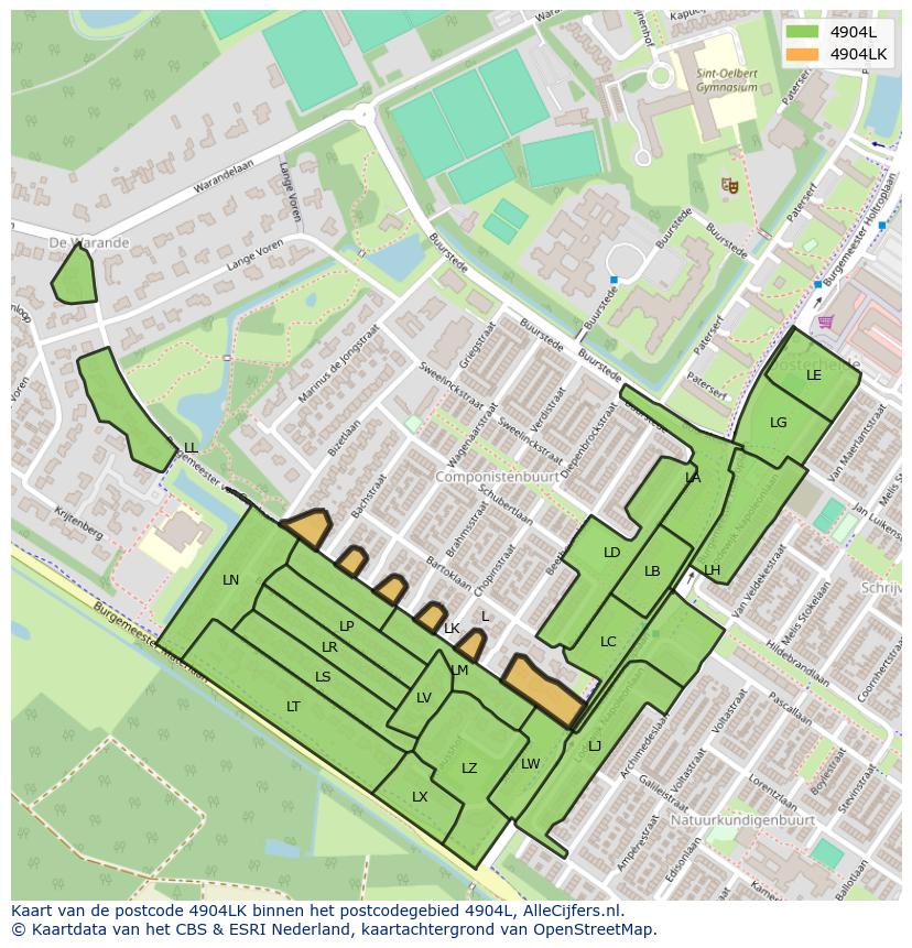 Afbeelding van het postcodegebied 4904 LK op de kaart.