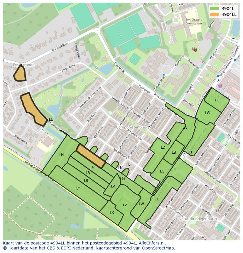 Afbeelding van het postcodegebied 4904 LL op de kaart.