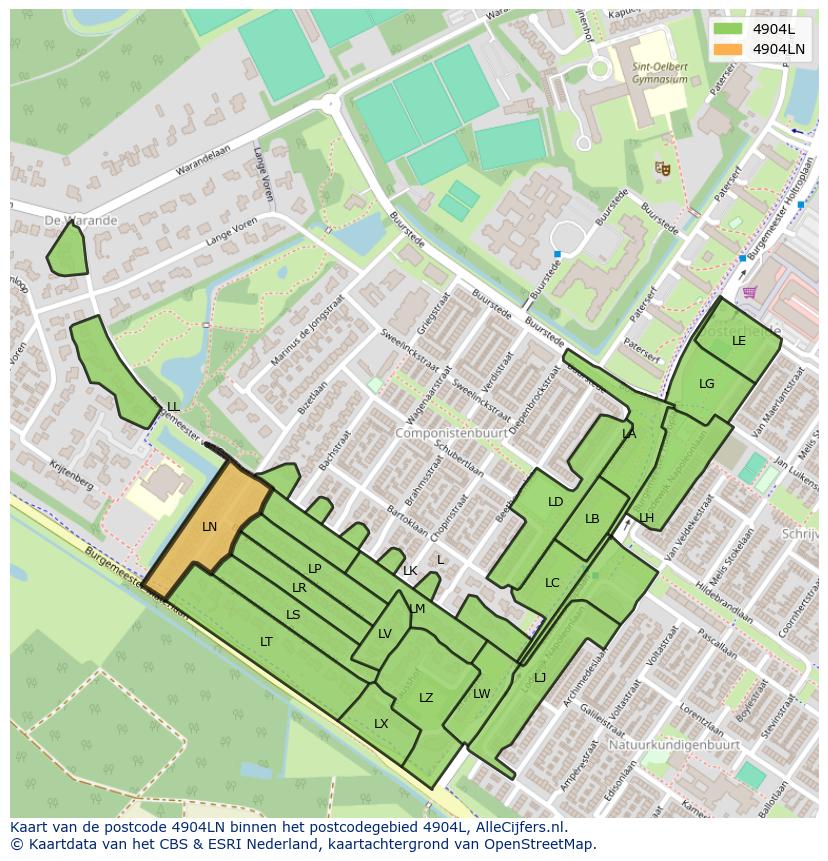 Afbeelding van het postcodegebied 4904 LN op de kaart.