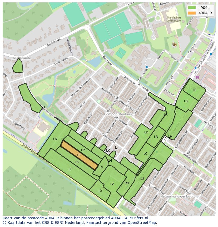 Afbeelding van het postcodegebied 4904 LR op de kaart.