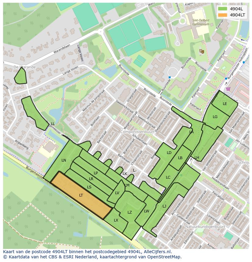 Afbeelding van het postcodegebied 4904 LT op de kaart.