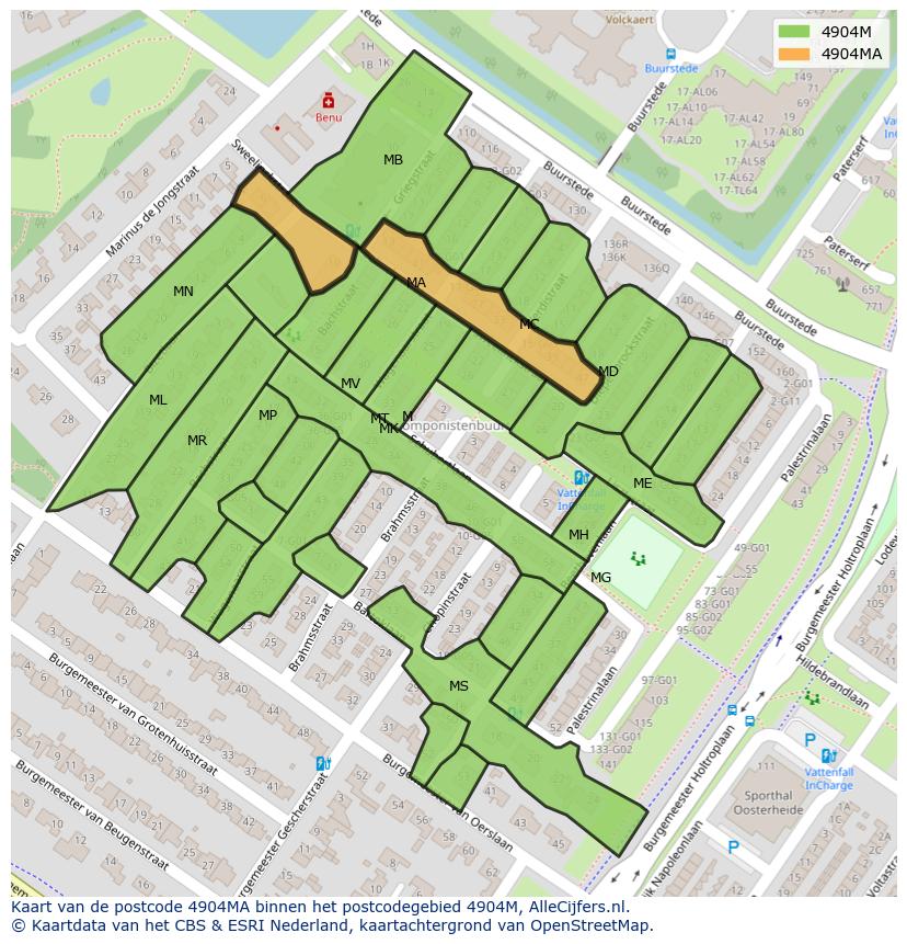 Afbeelding van het postcodegebied 4904 MA op de kaart.