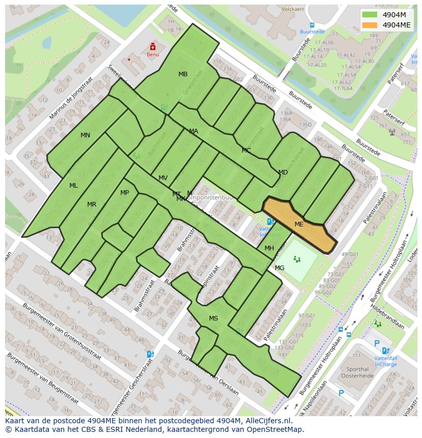 Afbeelding van het postcodegebied 4904 ME op de kaart.