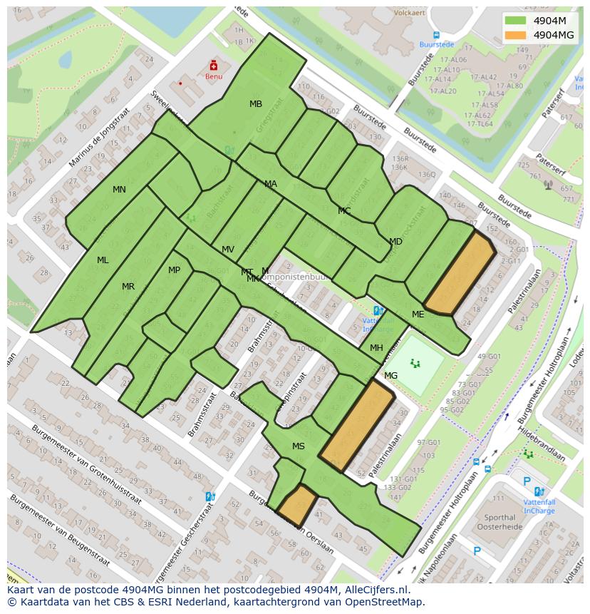 Afbeelding van het postcodegebied 4904 MG op de kaart.