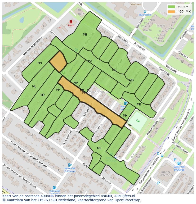 Afbeelding van het postcodegebied 4904 MK op de kaart.