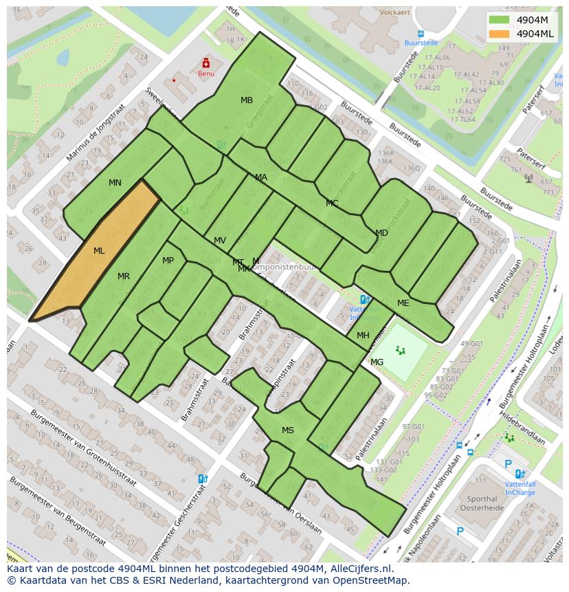 Afbeelding van het postcodegebied 4904 ML op de kaart.