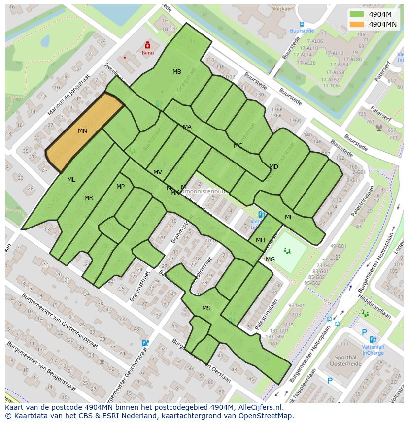 Afbeelding van het postcodegebied 4904 MN op de kaart.