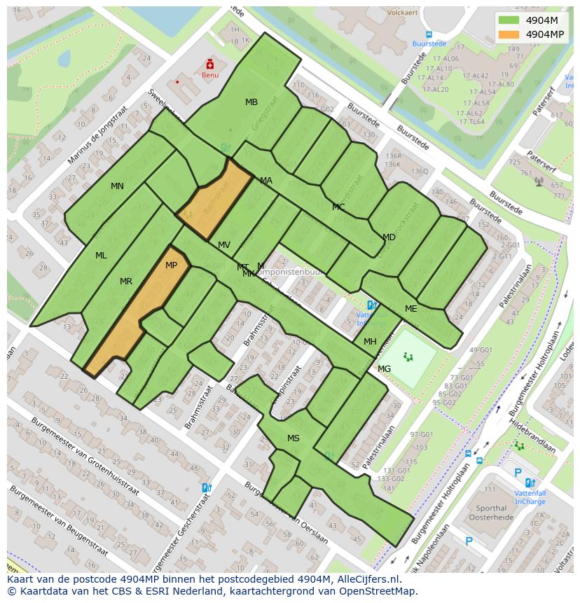 Afbeelding van het postcodegebied 4904 MP op de kaart.