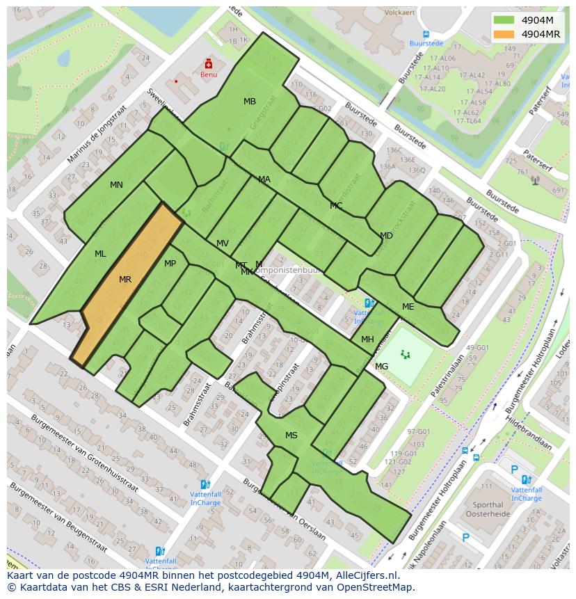 Afbeelding van het postcodegebied 4904 MR op de kaart.
