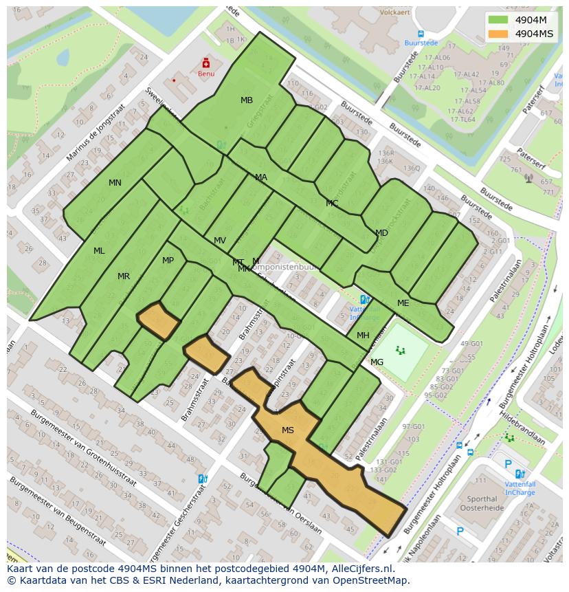 Afbeelding van het postcodegebied 4904 MS op de kaart.