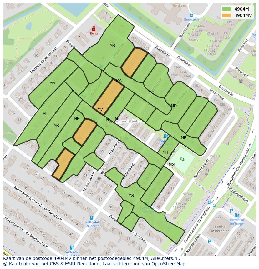 Afbeelding van het postcodegebied 4904 MV op de kaart.
