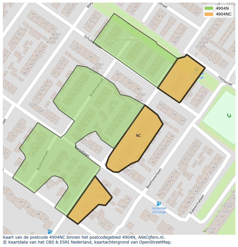Afbeelding van het postcodegebied 4904 NC op de kaart.