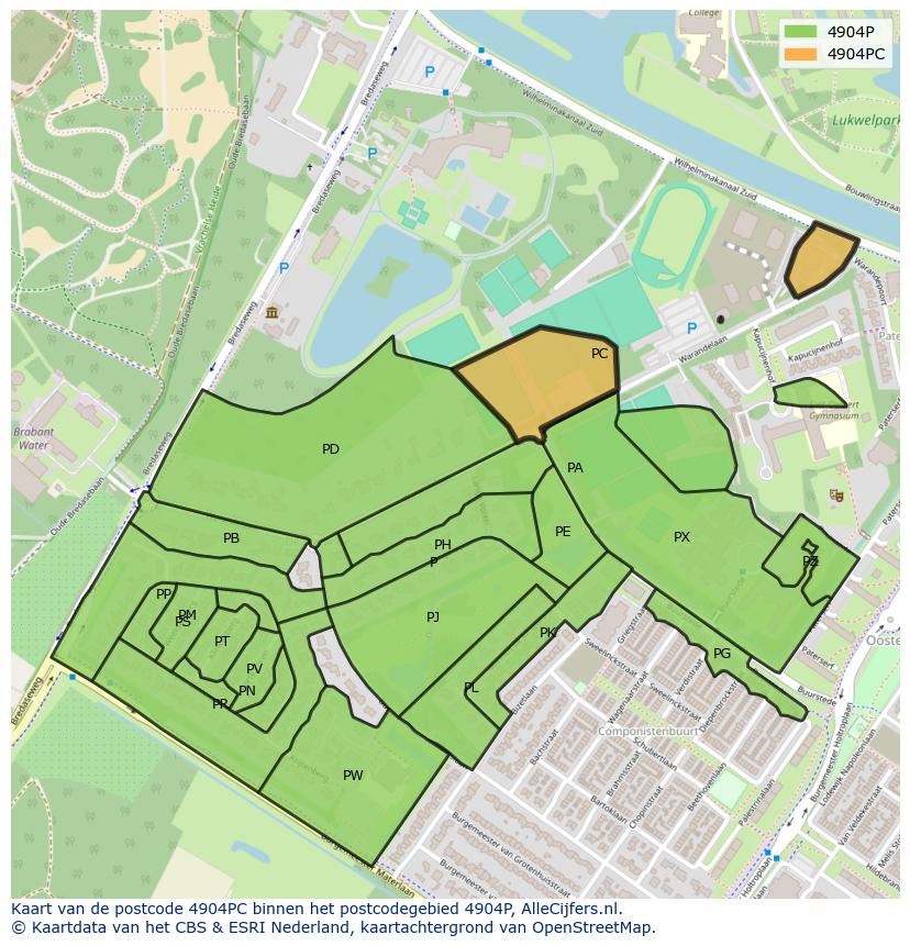 Afbeelding van het postcodegebied 4904 PC op de kaart.